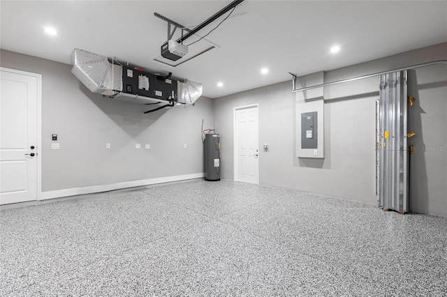 garage with electric panel, baseboards, a garage door opener, electric water heater, and recessed lighting