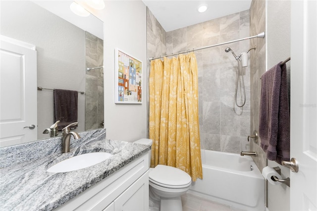 full bathroom featuring shower / tub combo with curtain, vanity, and toilet