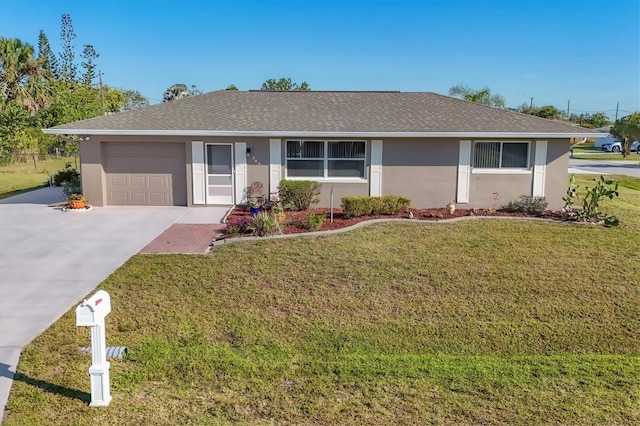 ranch-style house with concrete driveway, stucco siding, roof with shingles, an attached garage, and a front yard