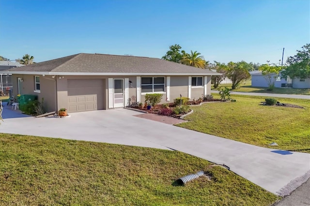 ranch-style home with a garage, concrete driveway, a front yard, and stucco siding