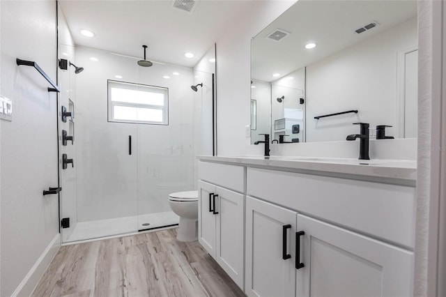 bathroom with toilet, a stall shower, and visible vents