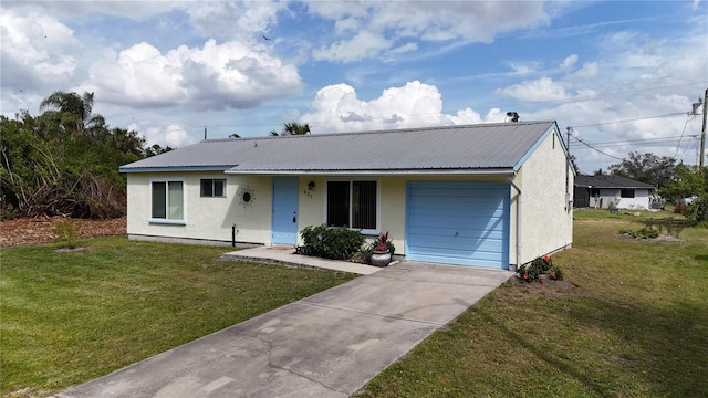 ranch-style house featuring stucco siding, concrete driveway, an attached garage, metal roof, and a front lawn