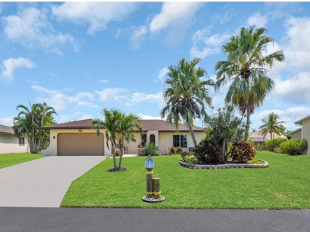 ranch-style house with a garage, driveway, a front lawn, and stucco siding