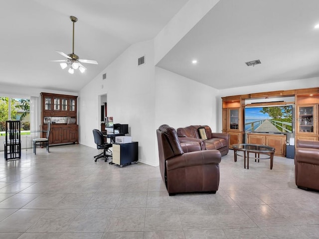 living room with light tile patterned floors, high vaulted ceiling, visible vents, and a ceiling fan