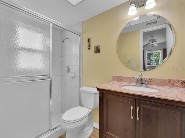 full bath with a stall shower, visible vents, vanity, and toilet