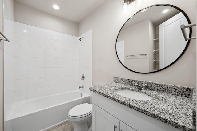 full bathroom with toilet, recessed lighting, shower / washtub combination, and vanity