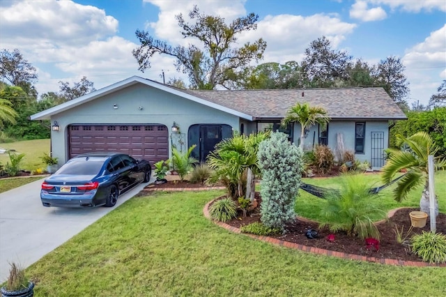 single story home with a garage, concrete driveway, a front lawn, and stucco siding