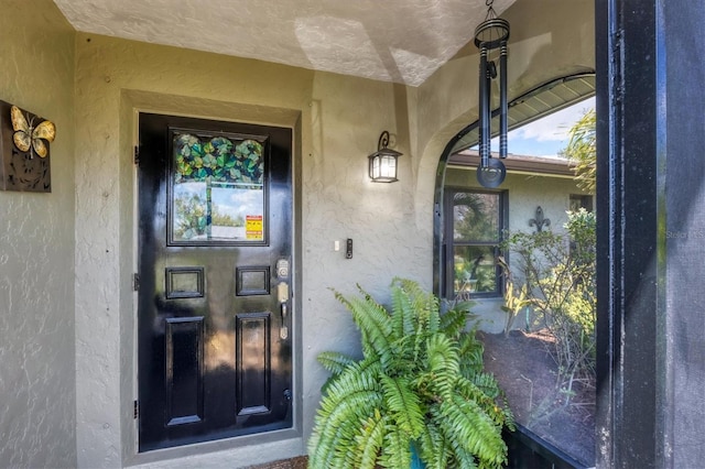 doorway to property featuring stucco siding