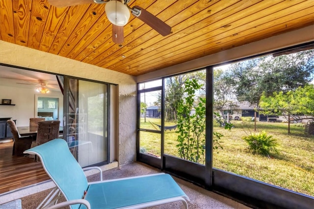 sunroom featuring a ceiling fan and wooden ceiling