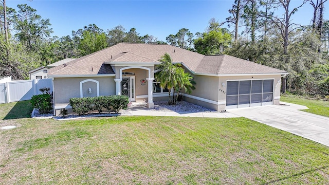 ranch-style home with stucco siding, a front lawn, and fence