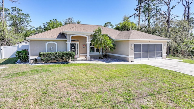 single story home featuring stucco siding, concrete driveway, an attached garage, and fence