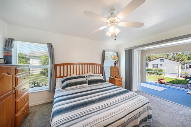 bedroom featuring access to outside, carpet, baseboards, and ceiling fan