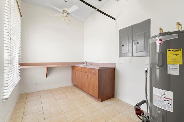 kitchen featuring a wealth of natural light, electric panel, electric water heater, and a sink