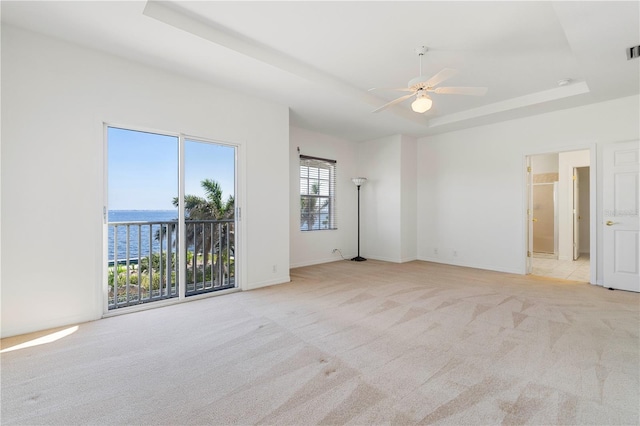 empty room with baseboards, a raised ceiling, and light colored carpet