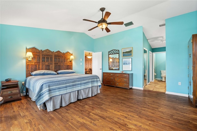 bedroom featuring wood finished floors, a ceiling fan, visible vents, vaulted ceiling, and baseboards