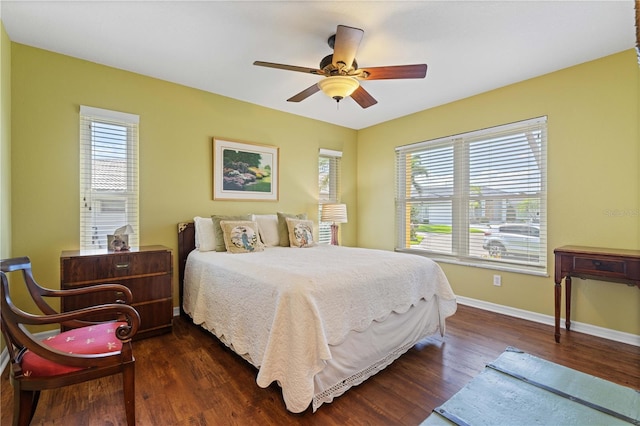 bedroom featuring multiple windows, dark wood finished floors, and baseboards