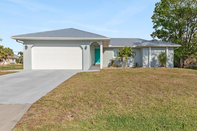 single story home with a garage, concrete driveway, stucco siding, metal roof, and a front yard