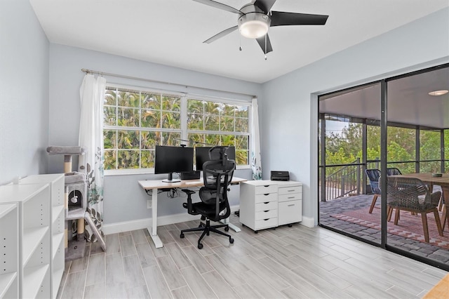 office space with ceiling fan, wood finish floors, plenty of natural light, and baseboards