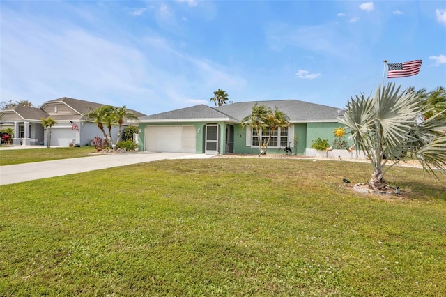 ranch-style house with driveway, stucco siding, a garage, and a front yard