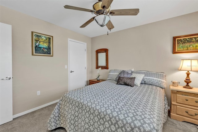 bedroom featuring carpet floors, ceiling fan, and baseboards