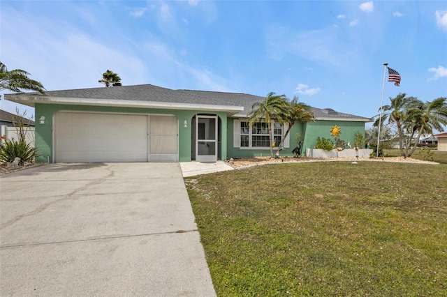 ranch-style home with a garage, driveway, a front yard, and stucco siding