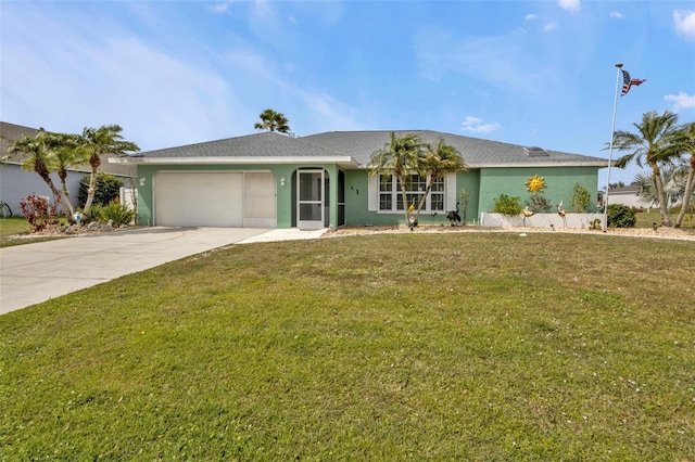 ranch-style home with a garage, stucco siding, driveway, and a front yard