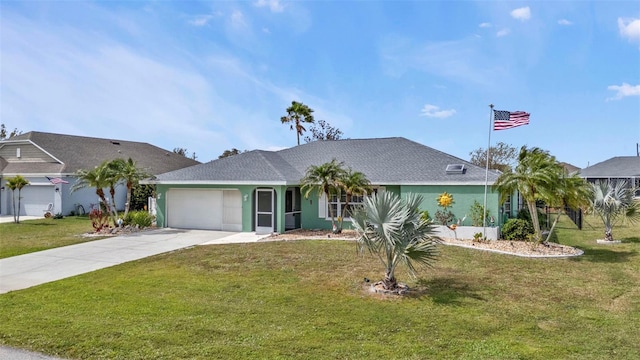 single story home featuring concrete driveway, a front lawn, an attached garage, and stucco siding