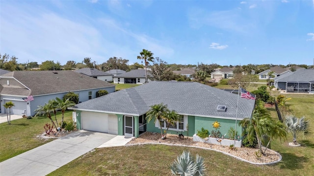 single story home featuring a garage, a shingled roof, concrete driveway, a residential view, and a front lawn