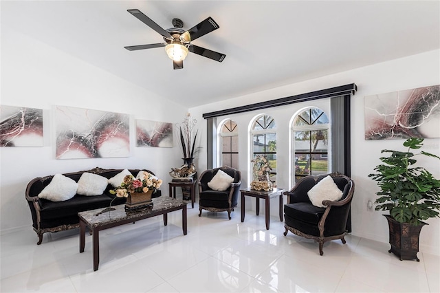 20339 Gentry Ave, Port Charlotte, FL 33952 - living area featuring light tile patterned floors, a ceiling fan, and lofted ceiling