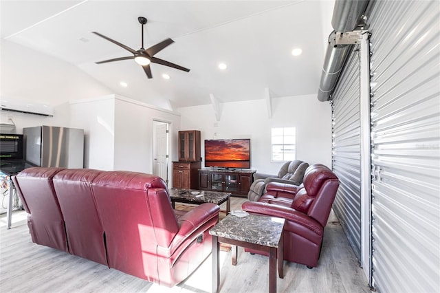 20339 Gentry Ave, Port Charlotte, FL 33952 - living room with a ceiling fan, recessed lighting, vaulted ceiling, light wood-style flooring, and a wall unit AC
