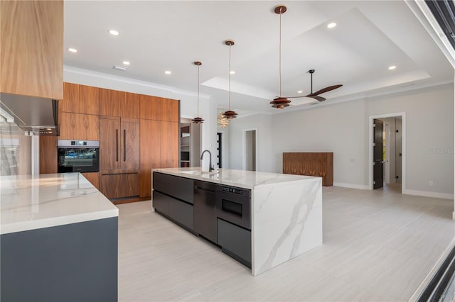 kitchen with a raised ceiling, oven, a sink, and modern cabinets