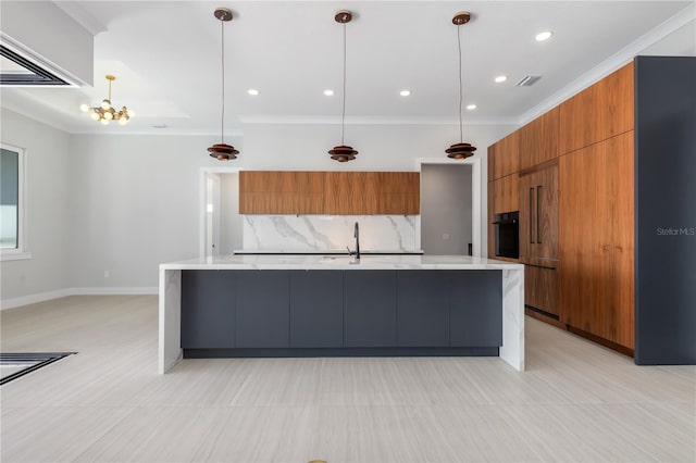 kitchen featuring brown cabinets, crown molding, tasteful backsplash, modern cabinets, and oven