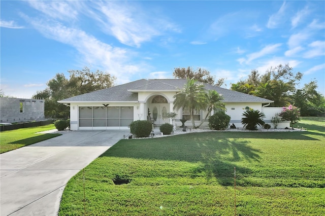 view of front facade featuring a garage, a shingled roof, driveway, stucco siding, and a front lawn