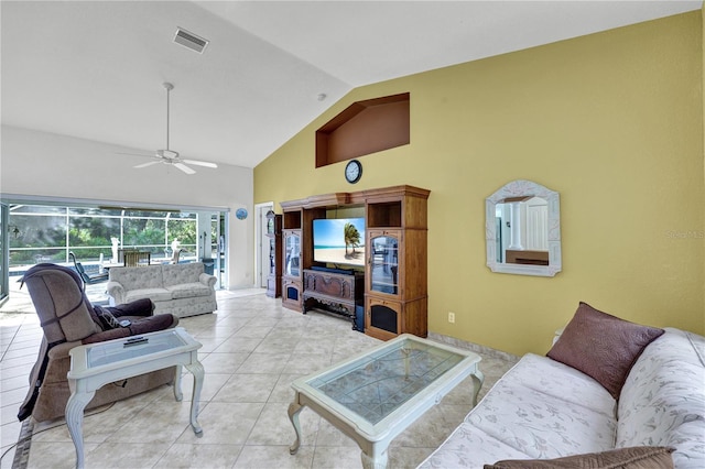 living room featuring light tile patterned floors, visible vents, a ceiling fan, a sunroom, and high vaulted ceiling