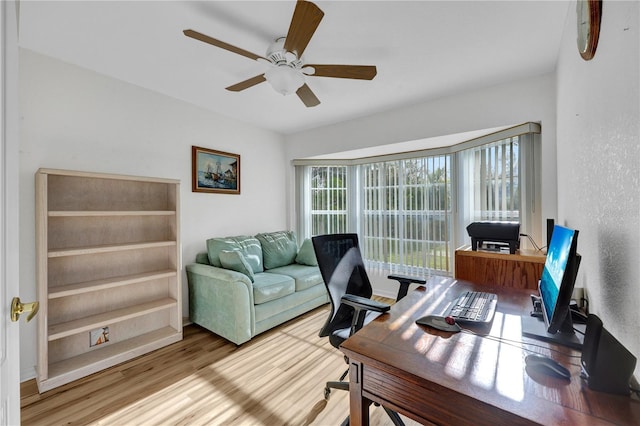 office area with wood finished floors and a ceiling fan