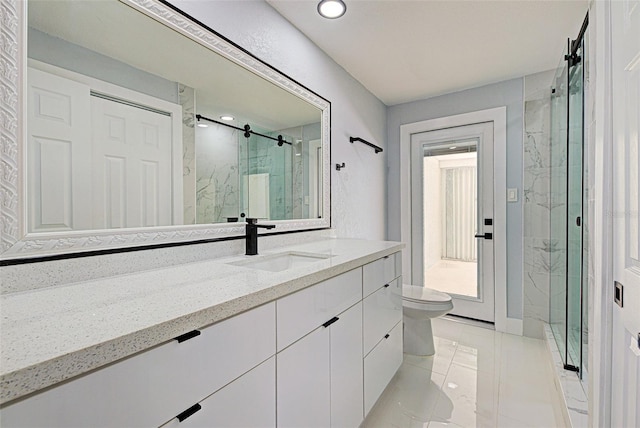 bathroom featuring vanity, toilet, and a marble finish shower