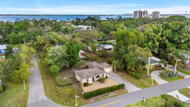 aerial view featuring a water view