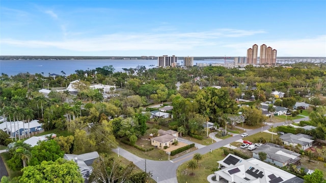 aerial view featuring a view of city and a water view