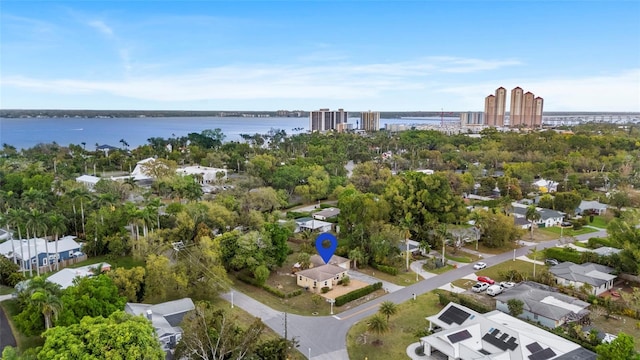 aerial view with a view of city and a water view