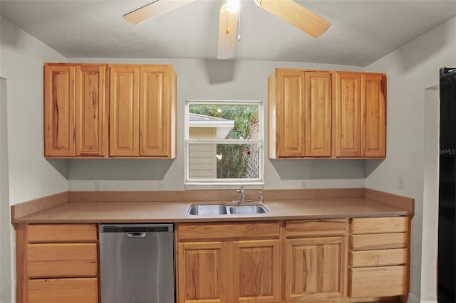 kitchen featuring light countertops, dishwasher, a sink, and ceiling fan