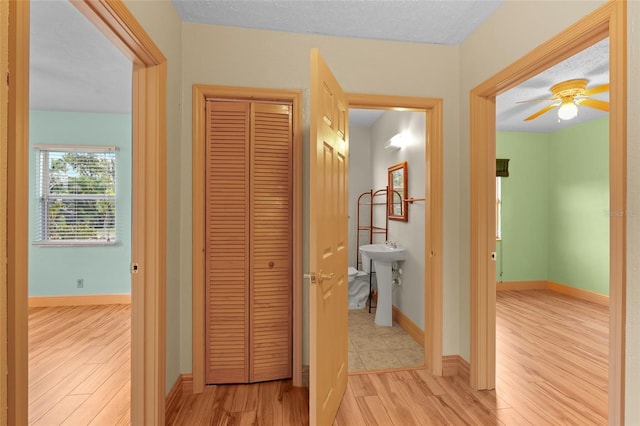 hallway featuring light wood-style floors, a sink, a textured ceiling, and baseboards