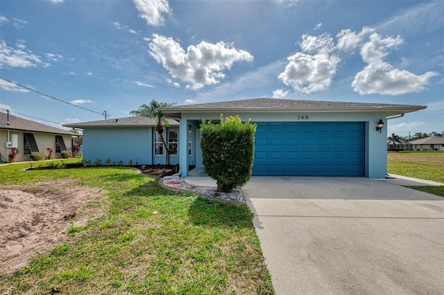 ranch-style home featuring a garage, concrete driveway, a front lawn, and stucco siding