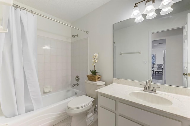 bathroom with shower / tub combo with curtain, a textured ceiling, toilet, and vanity