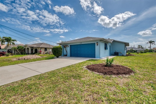 ranch-style house featuring an attached garage, central air condition unit, concrete driveway, stucco siding, and a front yard