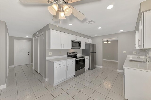 kitchen featuring a sink, visible vents, white cabinetry, light countertops, and appliances with stainless steel finishes