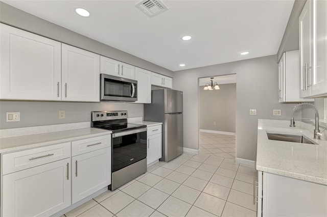 kitchen with visible vents, white cabinets, stainless steel appliances, a sink, and recessed lighting