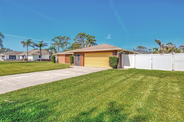 ranch-style house with driveway, a garage, a gate, fence, and a front yard