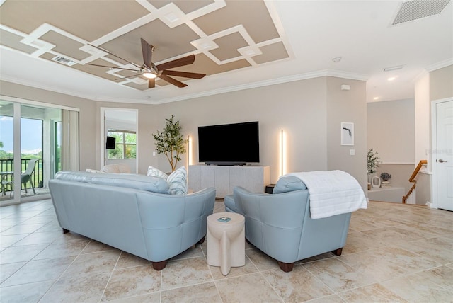 living room featuring visible vents, coffered ceiling, crown molding, and a ceiling fan