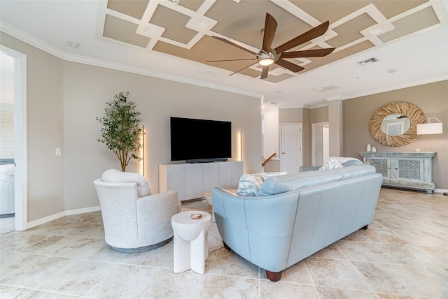 living room with ceiling fan, baseboards, visible vents, and ornamental molding