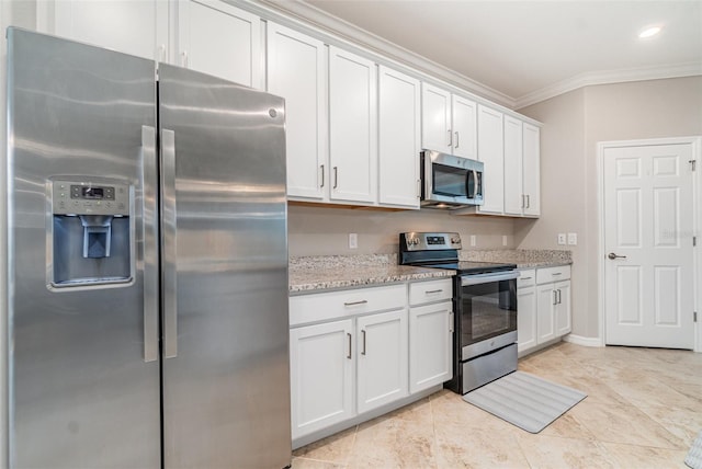 kitchen with appliances with stainless steel finishes, white cabinets, crown molding, light tile patterned floors, and light stone countertops